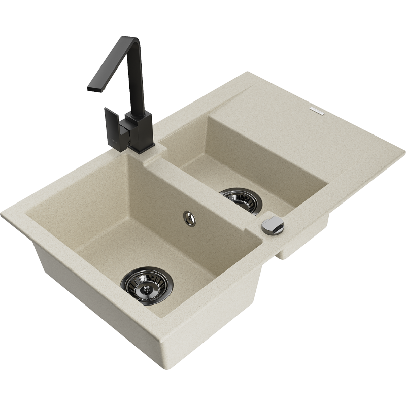 Mexen Gaspar lavello in granito da 1,5 vasche con scolapiatti e rubinetto da cucina Rita, beige - 6507-69-670300-70