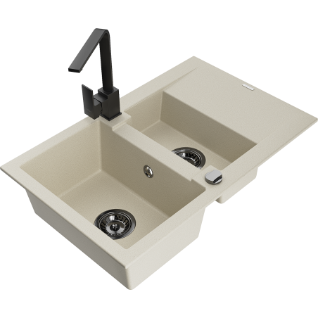 Mexen Gaspar lavello in granito da 1,5 vasche con scolapiatti e rubinetto da cucina Rita, beige - 6507-69-670300-70