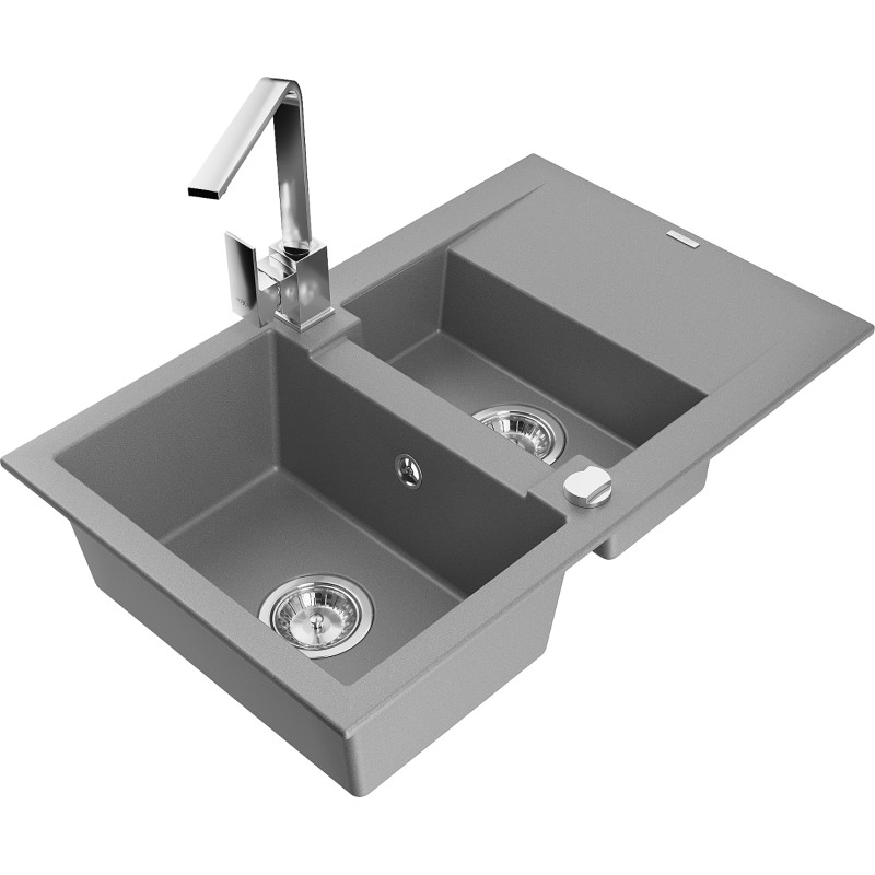 Mexen Gaspar 1,5-becken Granitspüle mit Abtropffläche und Küchenarmatur Rita, grau - 6507-71-670300-00