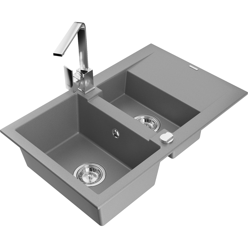 Mexen Gaspar fregadero de granito de 1,5 senos con escurridor y grifo de cocina Rita, gris - 6507-71-670300-00