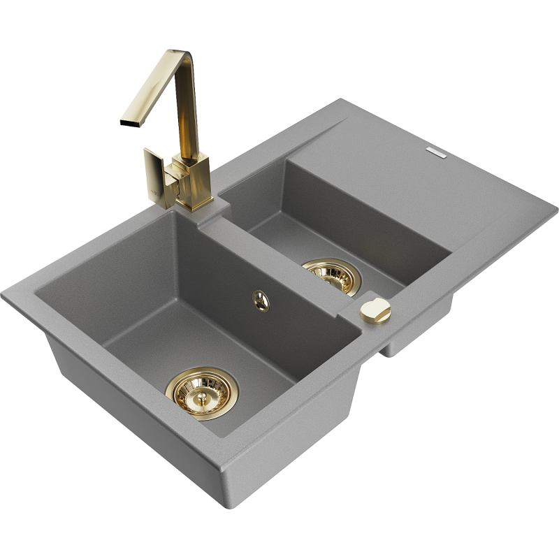 Mexen Gaspar lava-louça de granito de 1,5 câmara com escorredor e torneira de cozinha Rita, cinza - 6507-71-670300-50