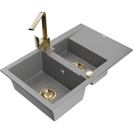 Mexen Gaspar évier en granit à 1,5 bac avec égouttoir et robinet de cuisine Rita, gris - 6507-71-670300-50