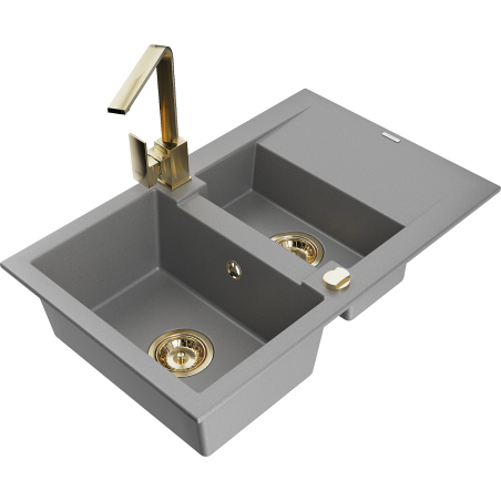 Mexen Gaspar granite sink 1.5-bowl with drainer and Rita kitchen tap, grey - 6507-71-670300-50