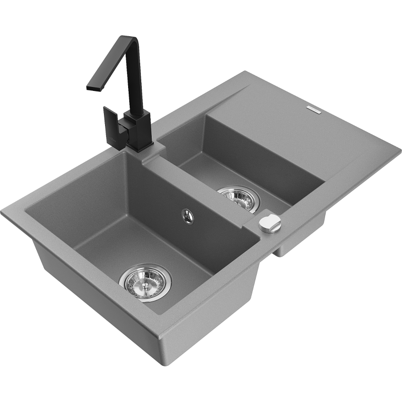 Mexen Gaspar lava-loiça de granito de 1,5 cubas com escorredor e torneira de cozinha Rita, cinza - 6507-71-670300-70