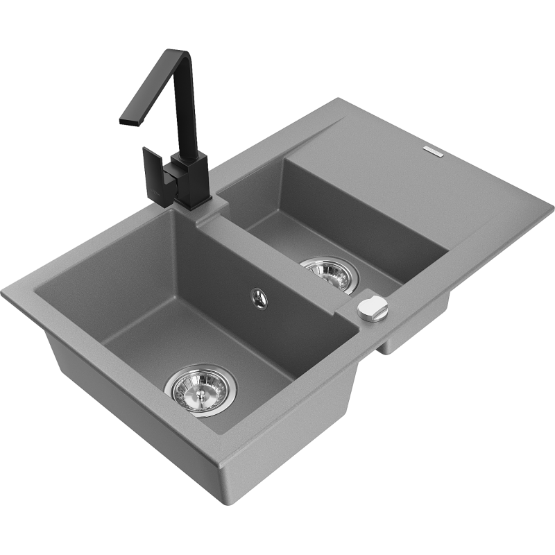 Mexen Gaspar lavello da cucina in granito 1,5 vasche con gocciolatoio e rubinetto cucina Rita, grigio - 6507-71-670300-70