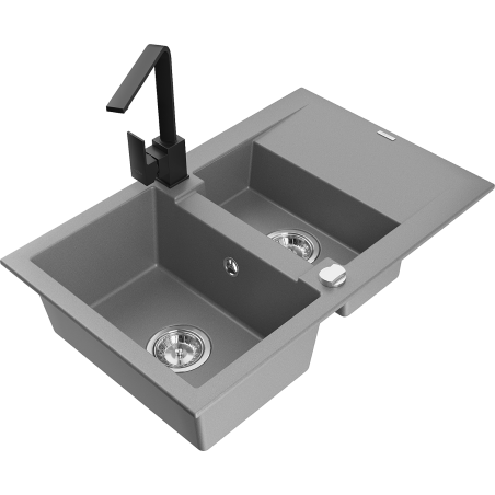 Mexen Gaspar évier en granit 1,5 bac avec égouttoir et robinet de cuisine Rita, gris - 6507-71-670300-70