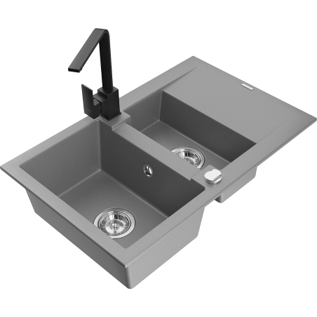 Mexen Gaspar fregadero de granito de 1,5 senos con escurridor y grifo de cocina Rita, gris - 6507-71-670300-70
