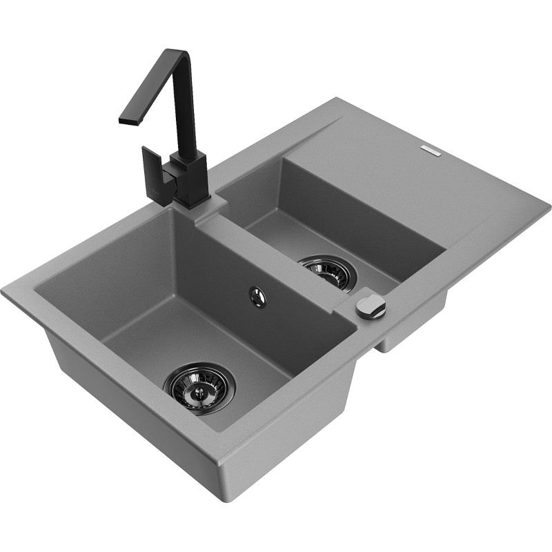 Mexen Gaspar granit gootsteen 1,5-kamer met afdruiprek en keukenkraan Rita, grijs - 6507-71-670300-70-B