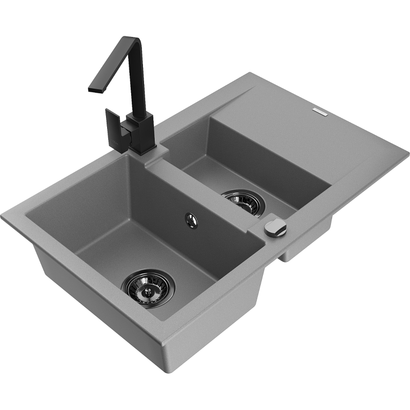 Mexen Gaspar lava-loiça em granito de 1,5 cubas com escorredor e torneira de cozinha Rita, cinza - 6507-71-670300-70-B