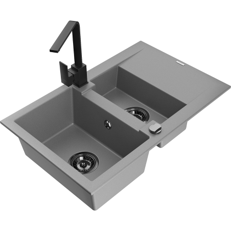 Mexen Gaspar fregadero de granito de 1,5 senos con escurridor y grifo de cocina Rita, gris - 6507-71-670300-70-B