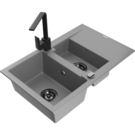 Mexen Gaspar Granitspüle, 1,5-Becken mit Abtropffläche und Küchenarmatur Rita, grau - 6507-71-670300-70-B