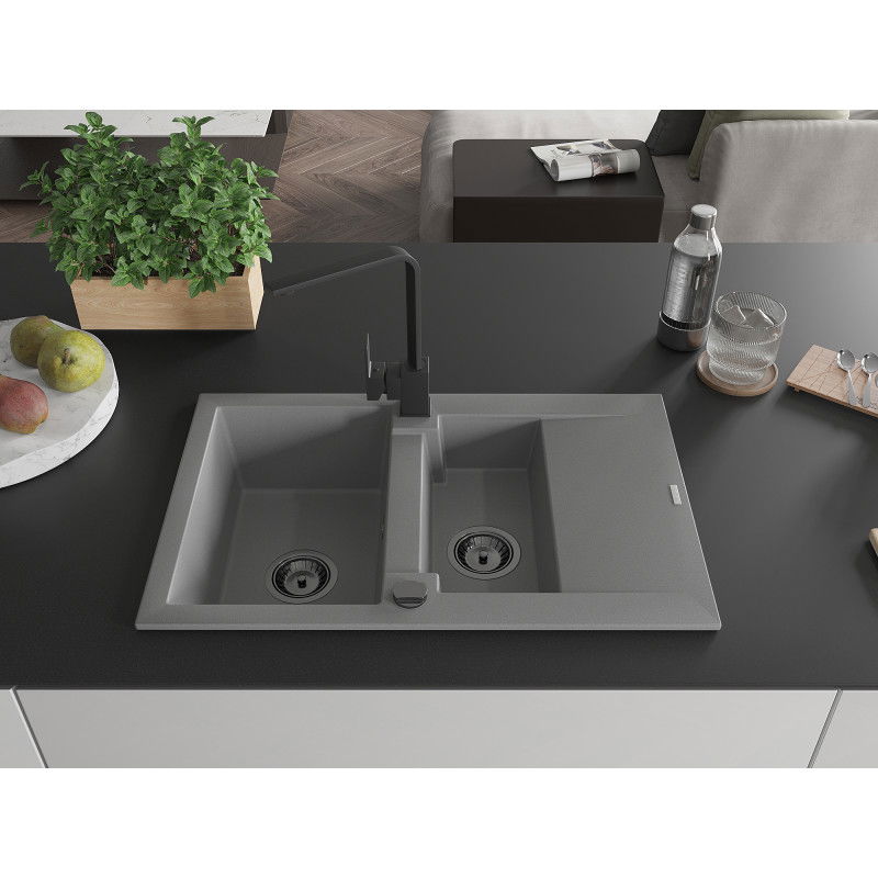 Mexen Gaspar fregadero de granito de 1,5 cubetas con escurridor y grifo de cocina Rita, gris - 6507-71-670300-70-B