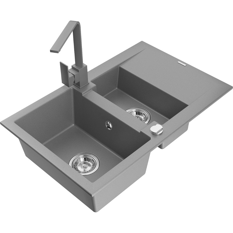 Mexen Gaspar fregadero de granito de 1,5 senos con escurridor y grifo de cocina Rita, gris - 6507-71-670300-71