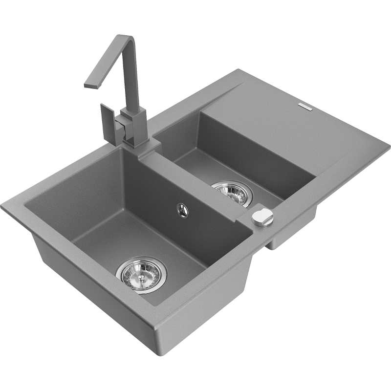Mexen Gaspar fregadero de granito de 1,5 tazones con escurridor y grifo de cocina Rita, gris - 6507-71-670300-71