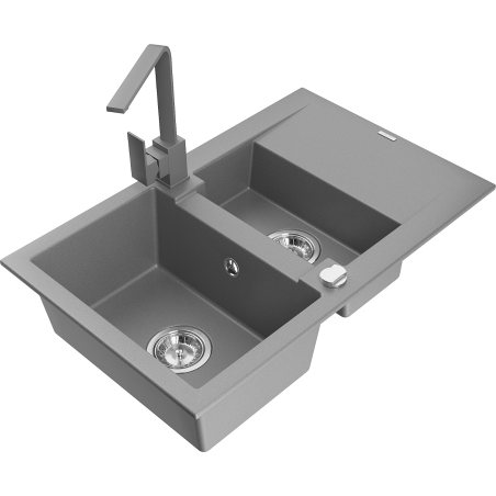 Mexen Gaspar évier en granit 1,5 bac avec égouttoir et robinet de cuisine Rita, gris - 6507-71-670300-71