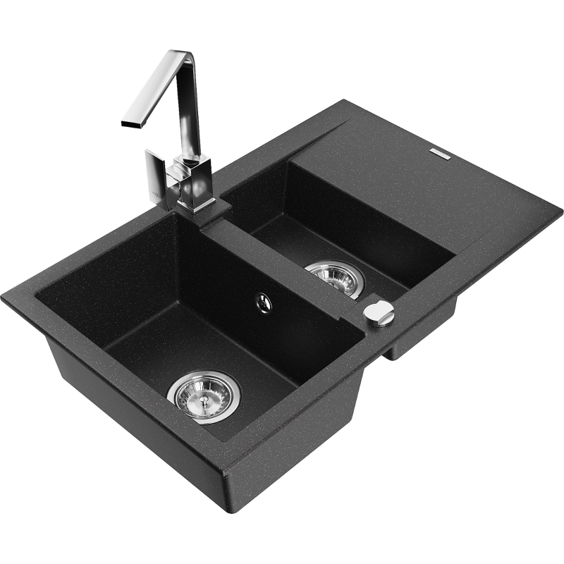Mexen Gaspar fregadero de granito de 1,5 senos con escurridor y grifo de cocina Rita, negro/plateado metálico