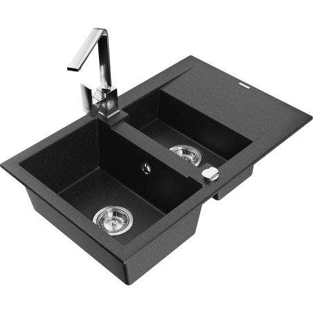 Mexen Gaspar fregadero de granito de 1,5 senos con escurridor y grifo de cocina Rita, negro/plateado metálico
