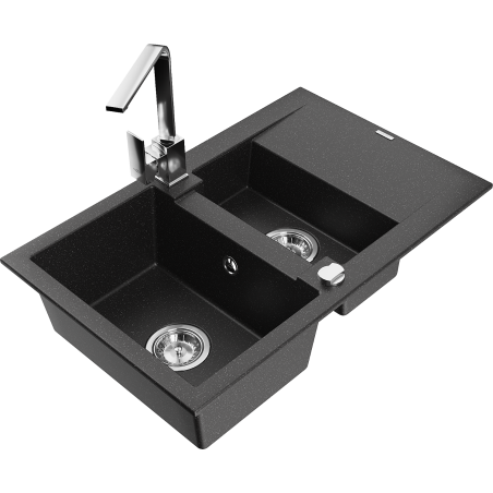 Mexen Gaspar granite sink 1.5-bowl with drainer and kitchen faucet Rita, black/silver metallic - 6507-73-670300-00