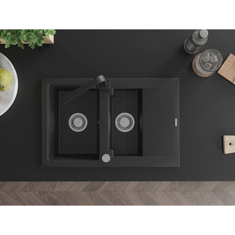 Mexen Gaspar granite sink 1.5-bowl with drainer and Rita kitchen tap, black/silver metallic - 6507-73-670300-70