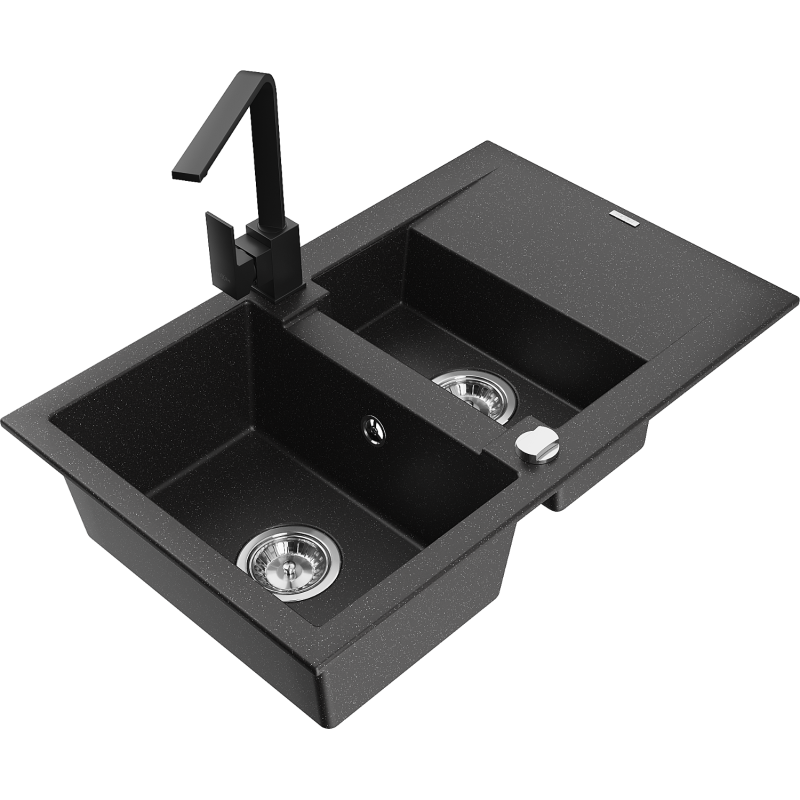 Mexen Gaspar granite sink 1.5-bowl with drainer and Rita kitchen tap, black/silver metallic - 6507-73-670300-70