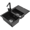 Mexen Gaspar granite sink 1.5-bowl with drainer and Rita kitchen tap, black/silver metallic - 6507-73-670300-70