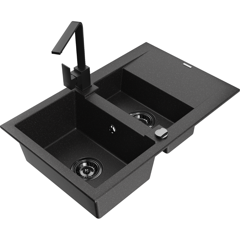 Mexen Gaspar 1.5-bowl granite sink with drainer and Rita kitchen tap, black/silver - 6507-73-670300-70-B