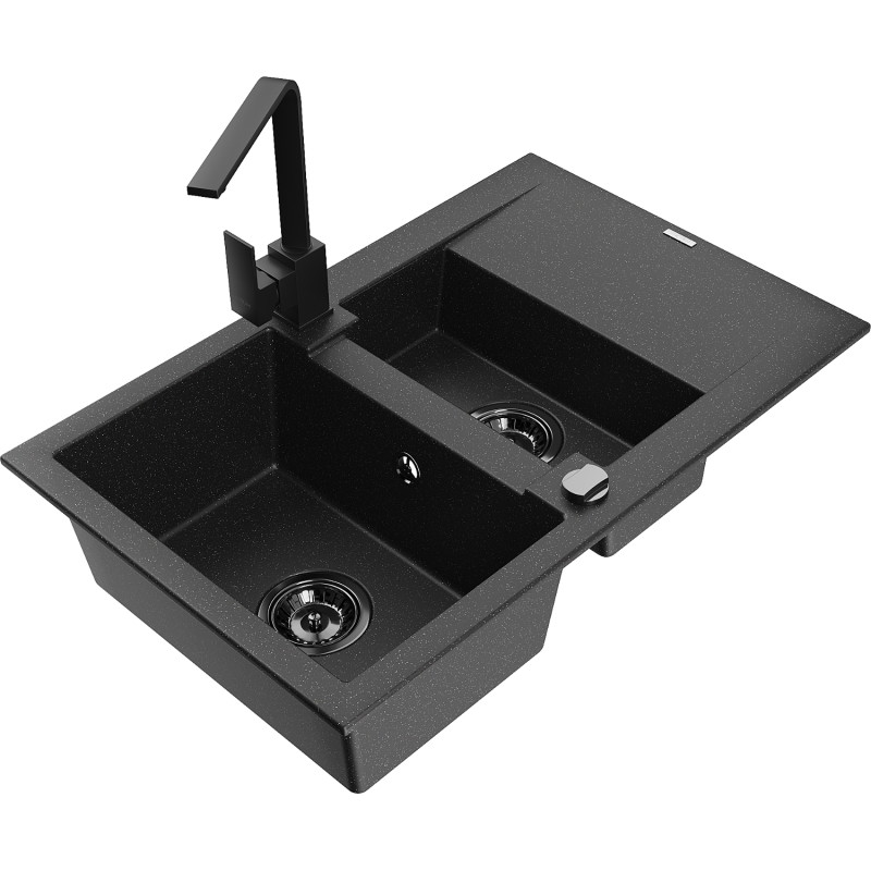 Mexen Gaspar granitische spoelbak 1,5-komorige met afdruiprek en keukenkraan Rita, zwart/zilver - 6507-73-670300-70-B