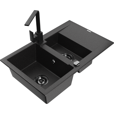 Mexen Gaspar 1.5-bowl granite sink with drainer and Rita kitchen tap, black/silver - 6507-73-670300-70-B