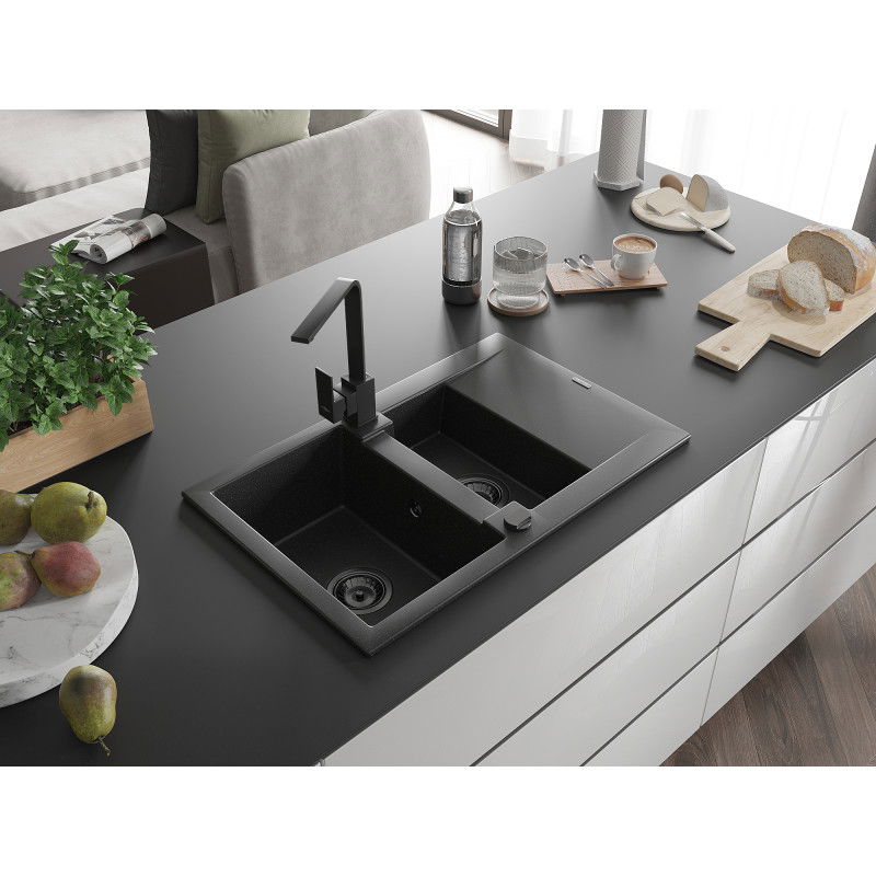 Mexen Gaspar 1.5-bowl granite sink with drainer and Rita kitchen tap, black/silver - 6507-73-670300-70-B