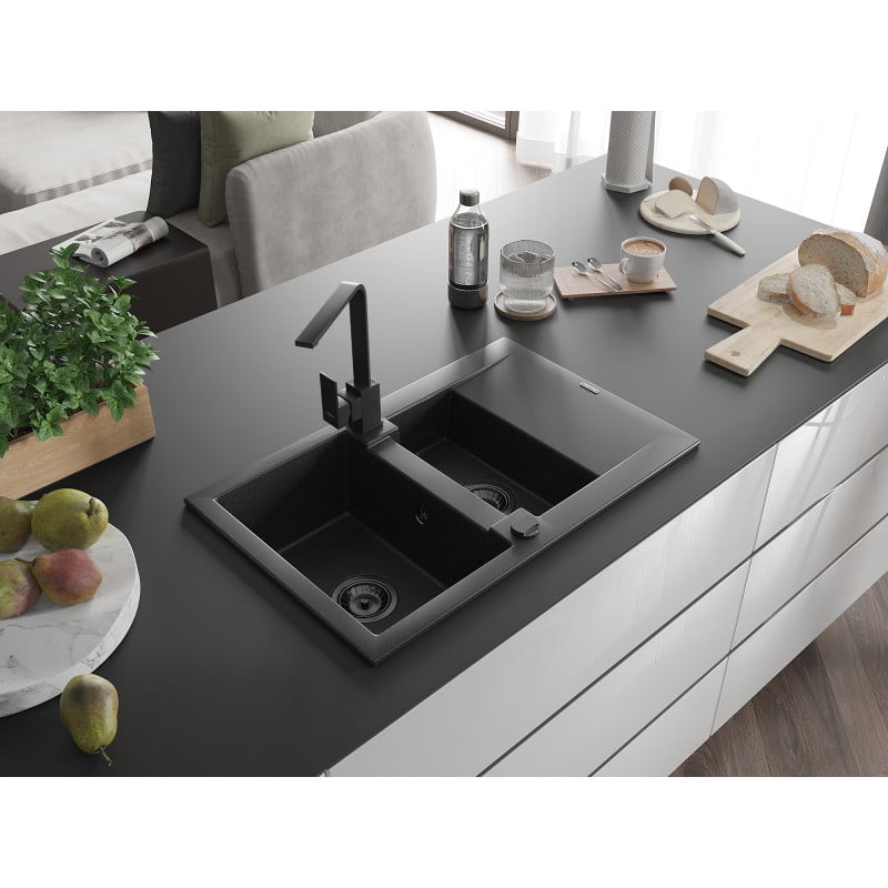 Mexen Gaspar fregadero de granito 1,5 compartimentos con escurridor y grifo de cocina Rita, negro/plata - 6507-73-670300-70-B