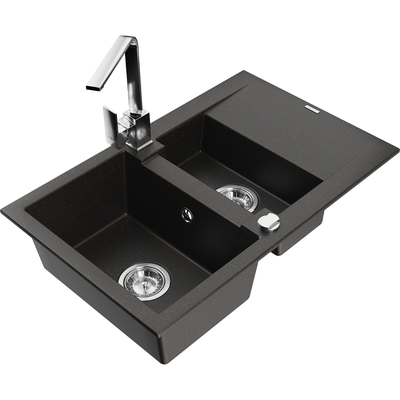 Mexen Gaspar granite sink 1.5-bowl with drainer and kitchen tap Rita, black/gold - 6507-75-670300-00