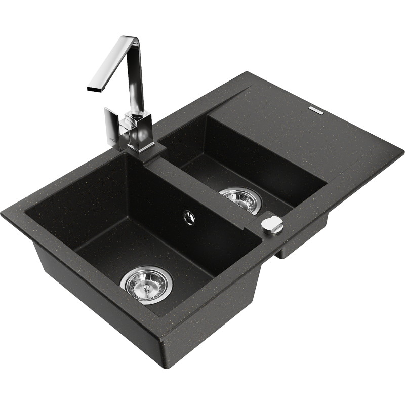 Mexen Gaspar granitische spoelbak 1,5-komorige met afdruiprek en keukenmengkraan Rita, zwart/goud - 6507-75-670300-00