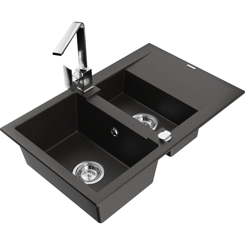 Mexen Gaspar lava-louça de granito 1,5 compartimentos com escorredor e torneira de cozinha Rita, preto/dourado