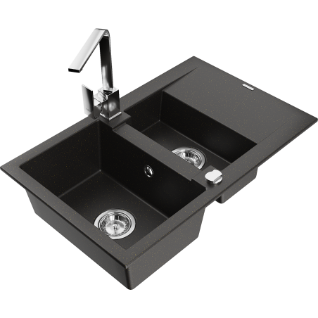 Mexen Gaspar granite sink 1.5-bowl with drainer and kitchen tap Rita, black/gold - 6507-75-670300-00