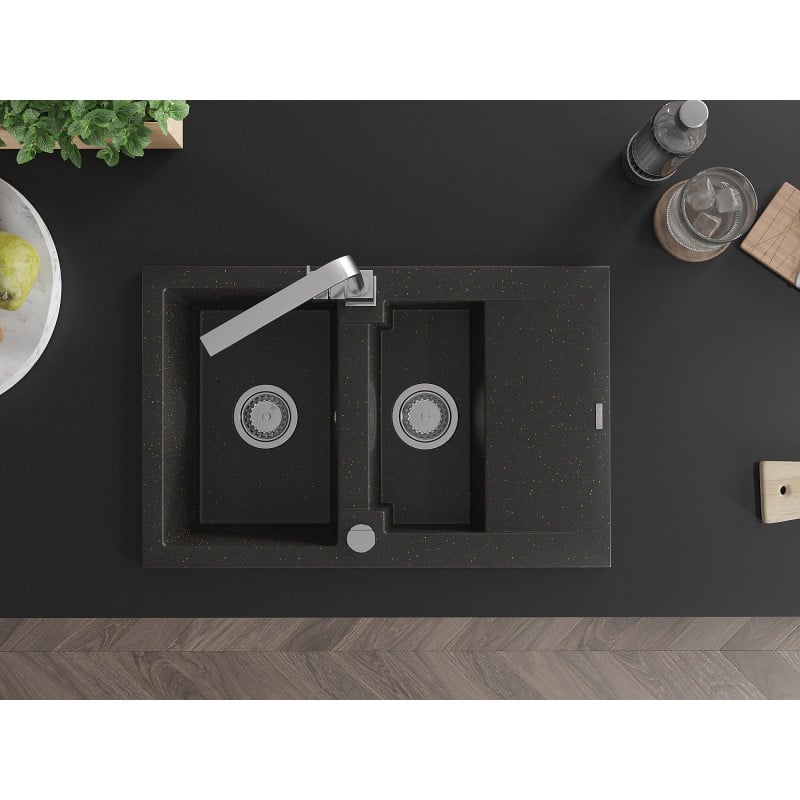Mexen Gaspar lava-louça de granito 1,5 compartimentos com escorredor e torneira de cozinha Rita, preto/dourado