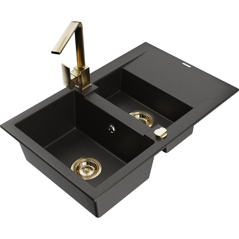 Mexen Gaspar évier en granit 1,5 bac avec égouttoir et robinet de cuisine Rita, noir/or - 6507-75-670300-50