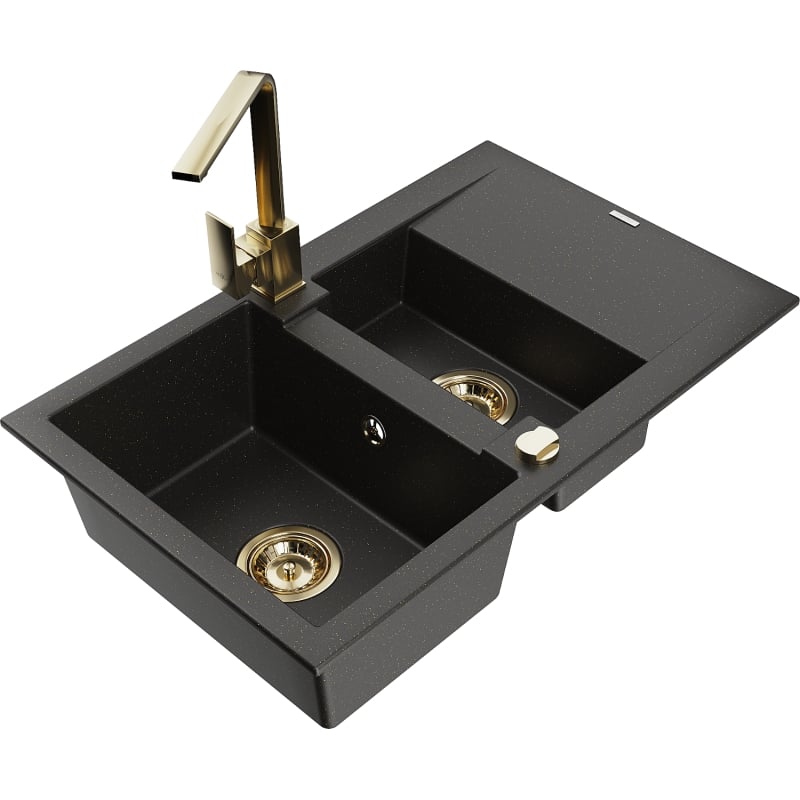 Mexen Gaspar granite kitchen sink 1.5-bowl with drainer and kitchen faucet Rita, black/gold - 6507-75-670300-50