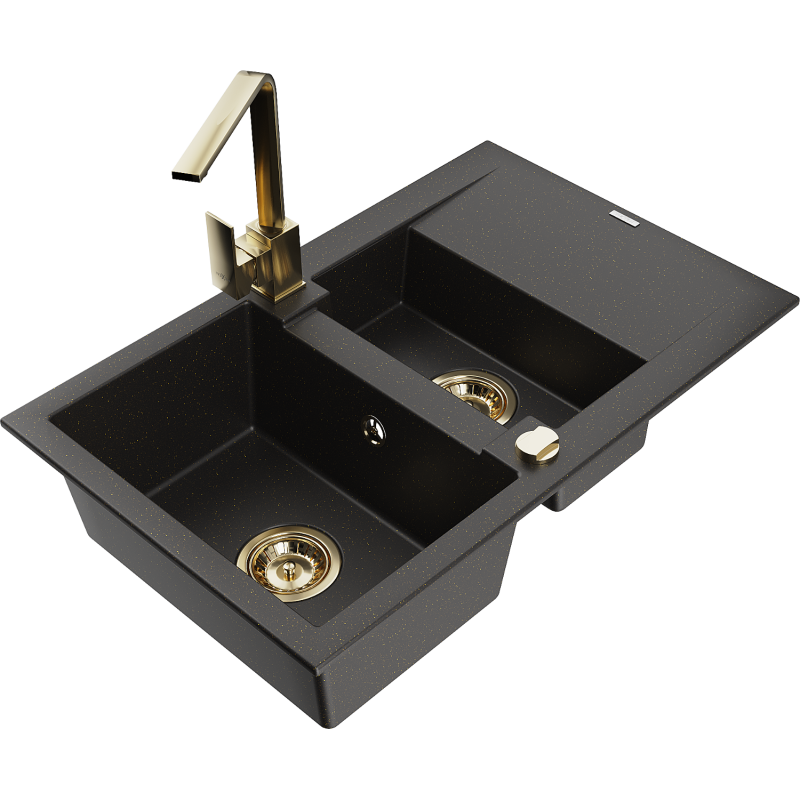 Mexen Gaspar granite sink 1.5-bowl with drainer and Rita kitchen tap, black/gold - 6507-75-670300-50