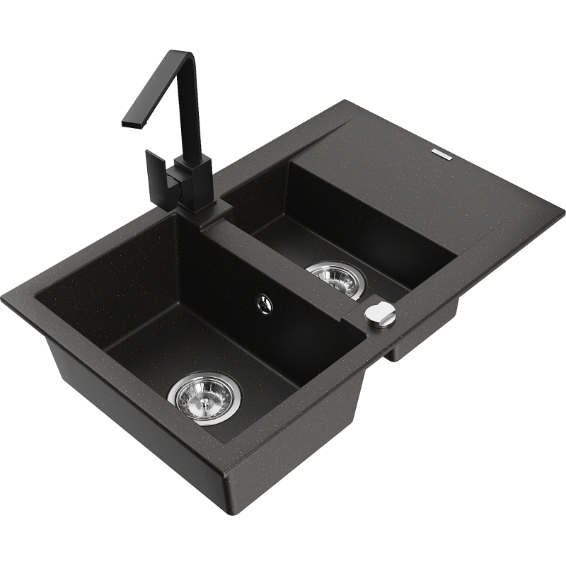 Mexen Gaspar granite kitchen sink 1.5-bowl with drainer and Rita kitchen tap, black/gold - 6507-75-670300-70