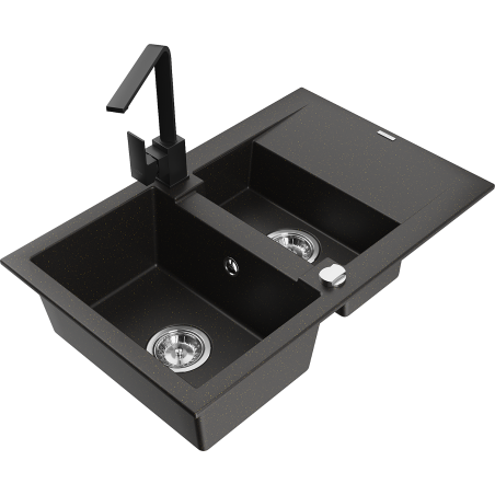 Mexen Gaspar granite kitchen sink 1.5-bowl with drainer and Rita kitchen tap, black/gold - 6507-75-670300-70