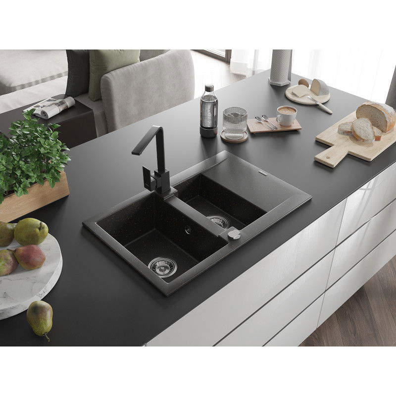 Mexen Gaspar fregadero de granito de 1,5 senos con escurridor y grifo de cocina Rita, negro/dorado - 6507-75-670300-70