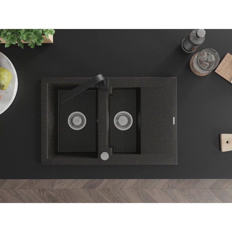 Mexen Gaspar granite kitchen sink 1.5-bowl with drainer and Rita kitchen tap, black/gold - 6507-75-670300-70