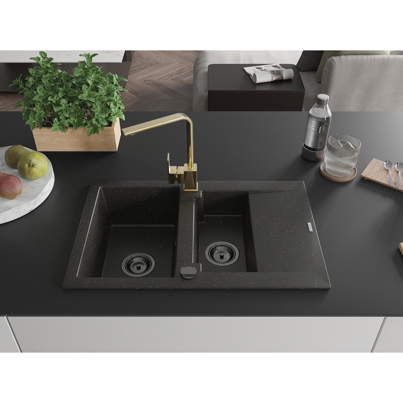 Mexen Gaspar Granitspüle 1,5-Kammer mit Abtropffläche und Küchenarmatur Rita, schwarz/gold - 6507-75-670300-50-B