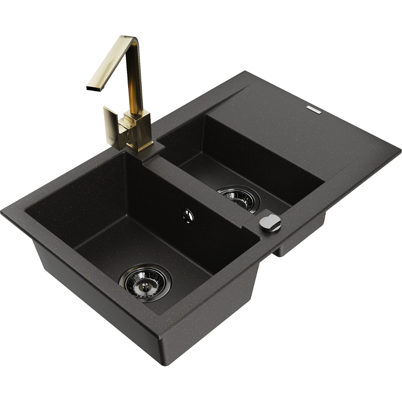 Mexen Gaspar Granit-Spullsteen 1,5-Chamber mat Oflaaf an Kichekraaft Rita, schwaarz/golden - 6507-75-670300-50-B