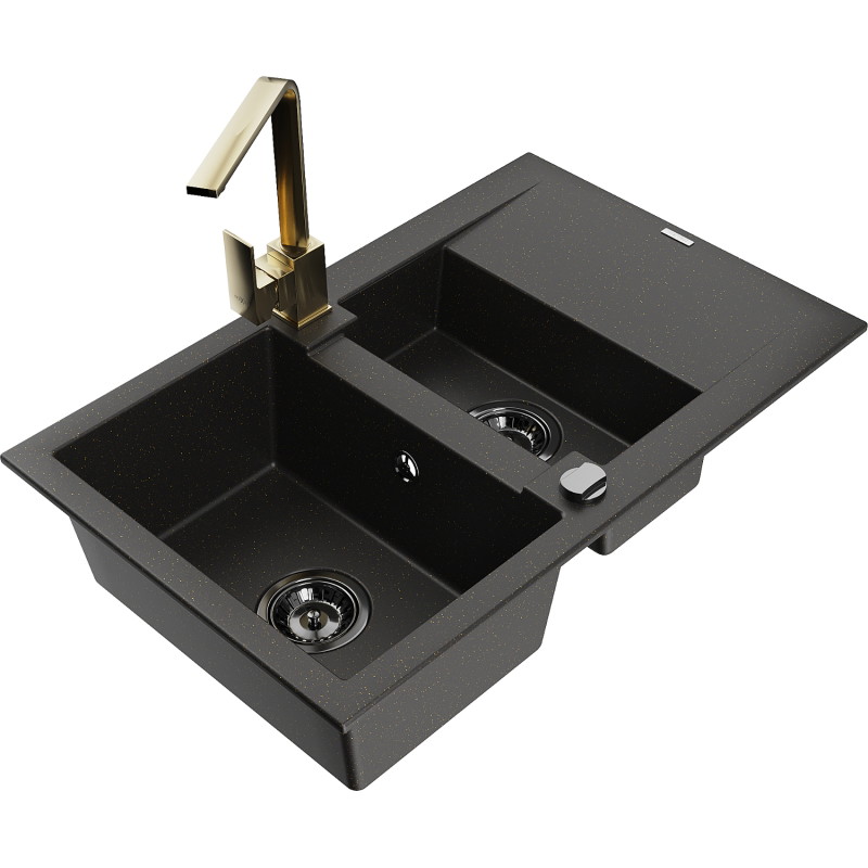 Mexen Gaspar granitische spoelbak 1,5-kamer met afdruiprek en keukenmengkraan Rita, zwart/goud - 6507-75-670300-50-B