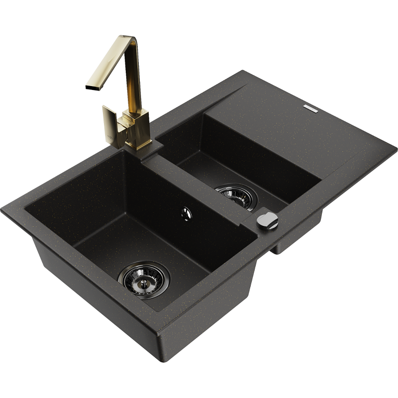 Mexen Gaspar lavatório de granito 1,5-cuba com escorredor e torneira de cozinha Rita, preto/dourado - 6507-75-670300-50-B