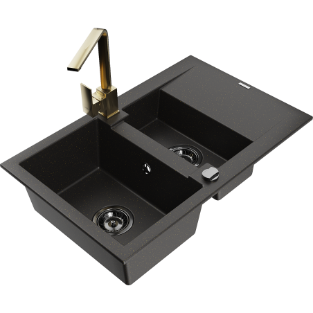 Mexen Gaspar fregadero de granito 1,5 compartimientos con escurridor y grifo de cocina Rita, negro/dorado - 6507-75-670300-50-B