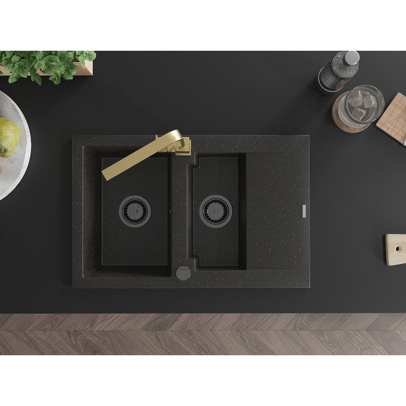 Mexen Gaspar granite sink 1.5-bowl with drainer and Rita kitchen tap, black/gold - 6507-75-670300-50-B