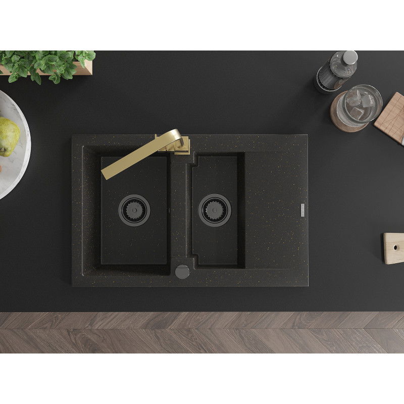 Mexen Gaspar granitvask 1,5-fackig med avrinningsyta och kökskran Rita, svart/guld - 6507-75-670300-50-B