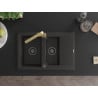 Mexen Gaspar évier en granit 1,5 bac avec égouttoir et mitigeur de cuisine Rita, noir/or - 6507-75-670300-50-B